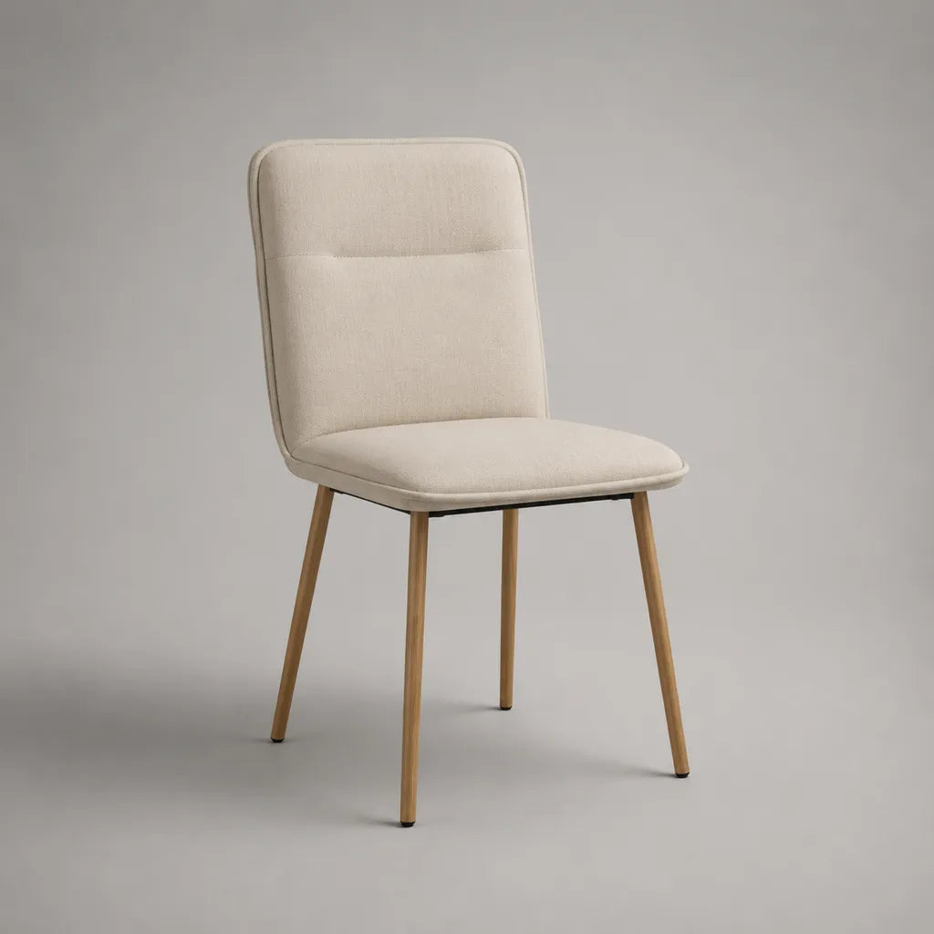 Gepolsterter Esszimmerstuhl mit Stoffbezug und Stahlgestell in Holzoptik, Beige, 49 × 55 × 84 cm