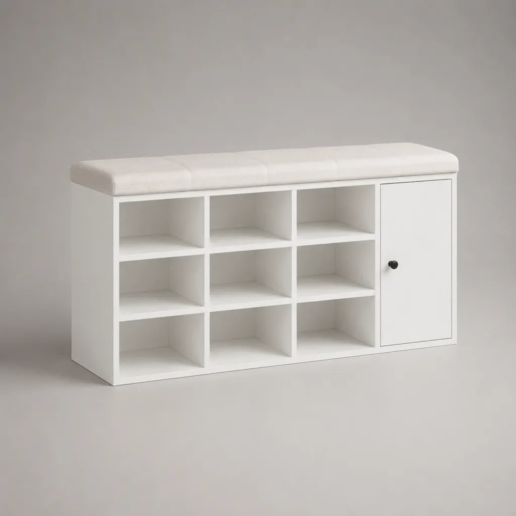 Schuhschrank aus MDF mit gepolsterter Sitzbank, 9 offenen Fächern und Türfach, Weiß, 120 × 35 × 50 cm