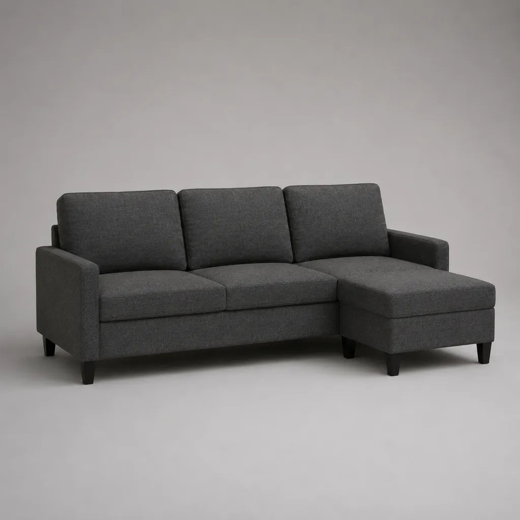 Ecksofa mit Recamiere rechts, 3-Sitzer aus Polyester, Anthrazit, L-Form, 220 × 145 × 85 cm