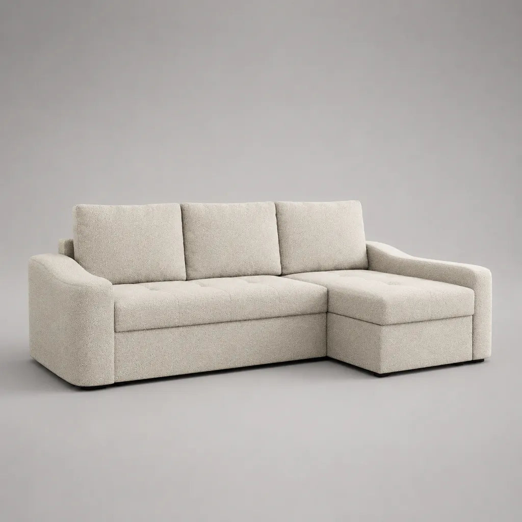 Ecksofa 3-Sitzer mit Ottomane rechts, Bouclébezug, L-Form, Cremeweiß/Schwarz, 220 × 150 × 88 cm