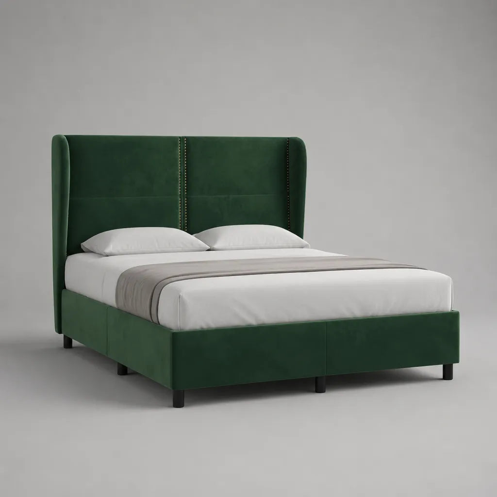 Polsterbett Doppelbett 180 x 200 cm mit Polyester-Samtbezug, Flügelkopfteil und Lattenrost, Dunkelgrün