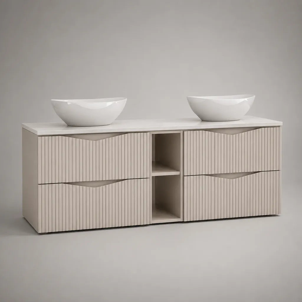 Bodenstehendes Waschtischunterschrank-Set aus MDF und Keramik mit 2 Aufsatzwaschbecken und 4 Schubladen, Greige/Weiß, 160 × 50 × 85 cm