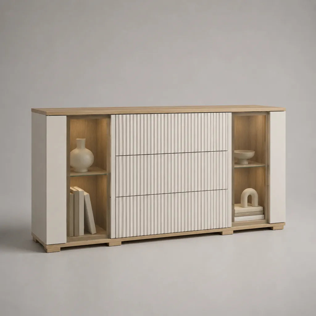 Sideboard aus MDF und Spanplatte mit 3 Schubladen und 4 offenen Fächern, Weiß/Eichefarben, 160 × 40 × 80 cm
