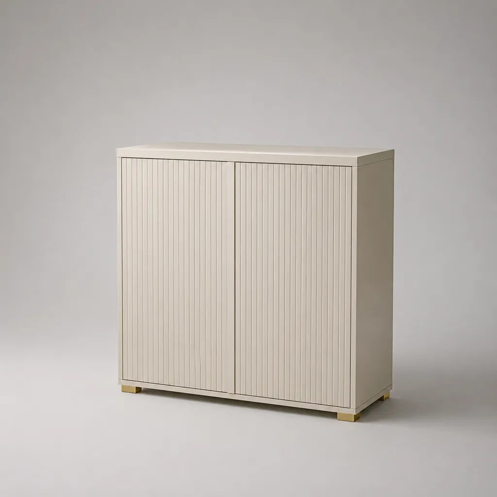 Sideboard mit 2 Türen aus MDF mit Lamellenfront, Beige/Goldfarben, 100 × 40 × 110 cm