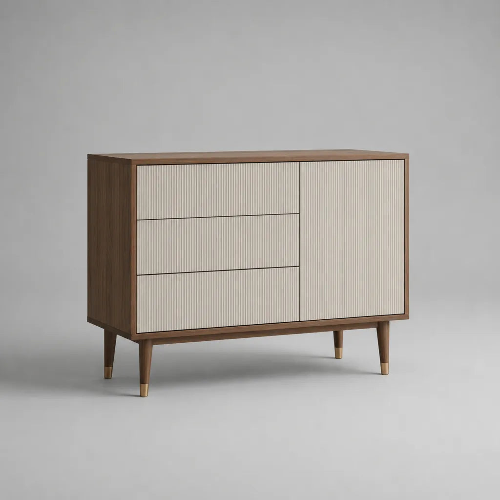 Sideboard mit 3 Schubladen und 1 Tür, MDF mit Walnussfurnier, Walnussbraun und Beige, 120 × 40 × 85 cm