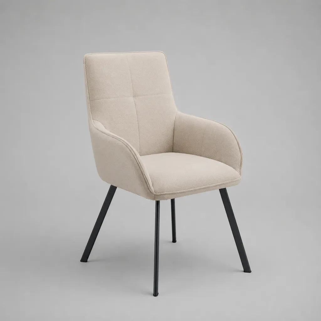 Esszimmerstuhl mit Armlehnen, Bouclé aus Polyester, Stahlgestell, Beige/Schwarz, 59 × 62 × 84 cm