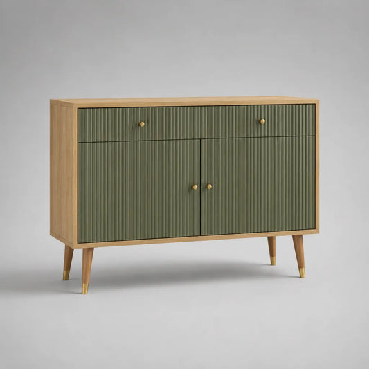Sideboard aus Holz mit 2 Türen und 2 Schubladen, Olivgrün/Eiche natur, 120 × 40 × 85 cm