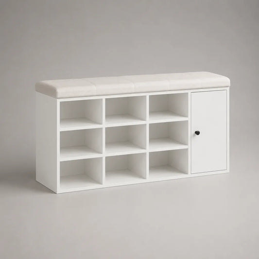 Schuhschrank aus MDF mit gepolsterter Sitzbank, 9 offenen Fächern und Türfach, Weiß, 120 × 35 × 50 cm