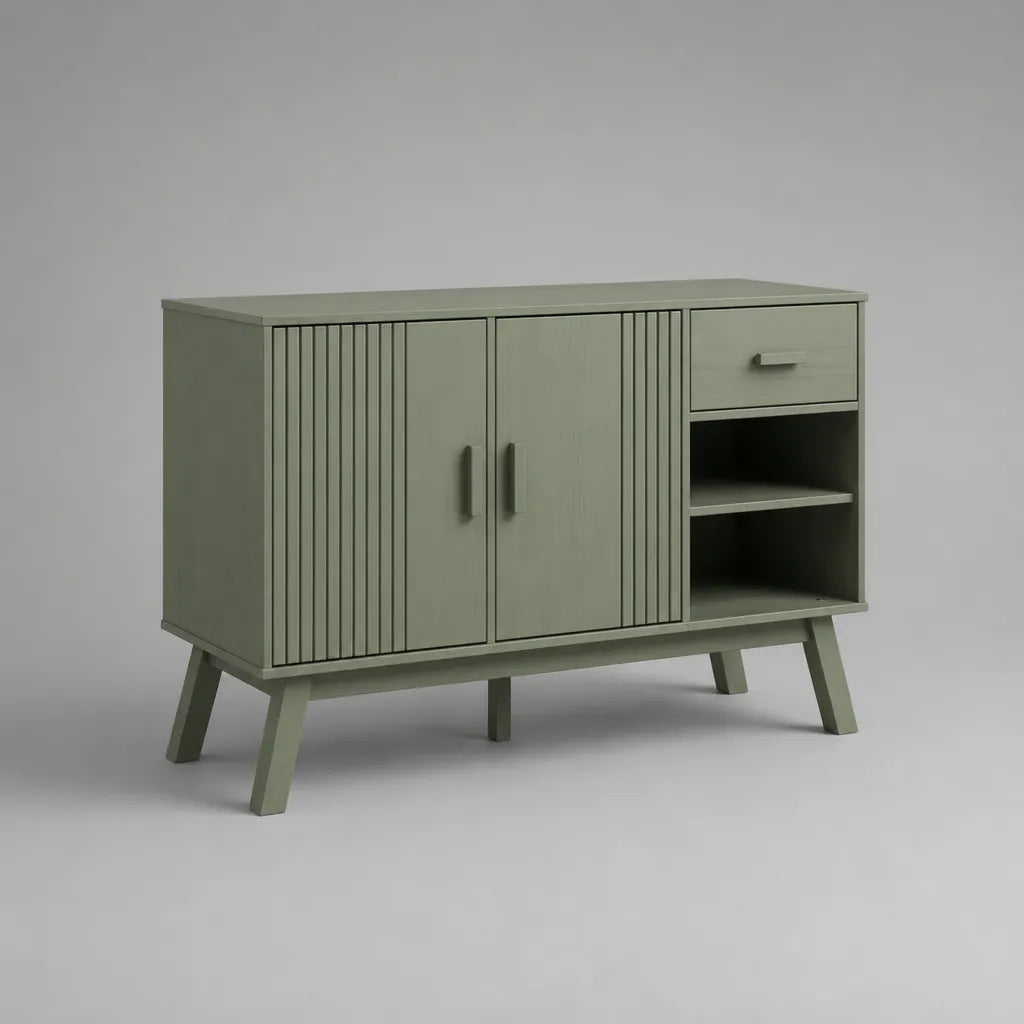 Sideboard aus MDF mit 2 Türen, 1 Schublade und 2 offenen Fächern, Salbeigrün, 120 × 40 × 80 cm