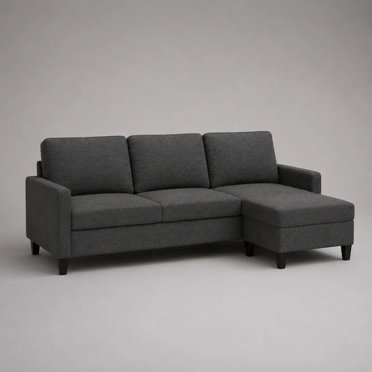 Ecksofa mit Recamiere rechts, 3-Sitzer aus Polyester, Anthrazit, L-Form, 220 × 145 × 85 cm