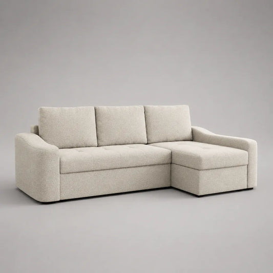 Ecksofa 3-Sitzer mit Ottomane rechts, Bouclébezug, L-Form, Cremeweiß/Schwarz, 220 × 150 × 88 cm