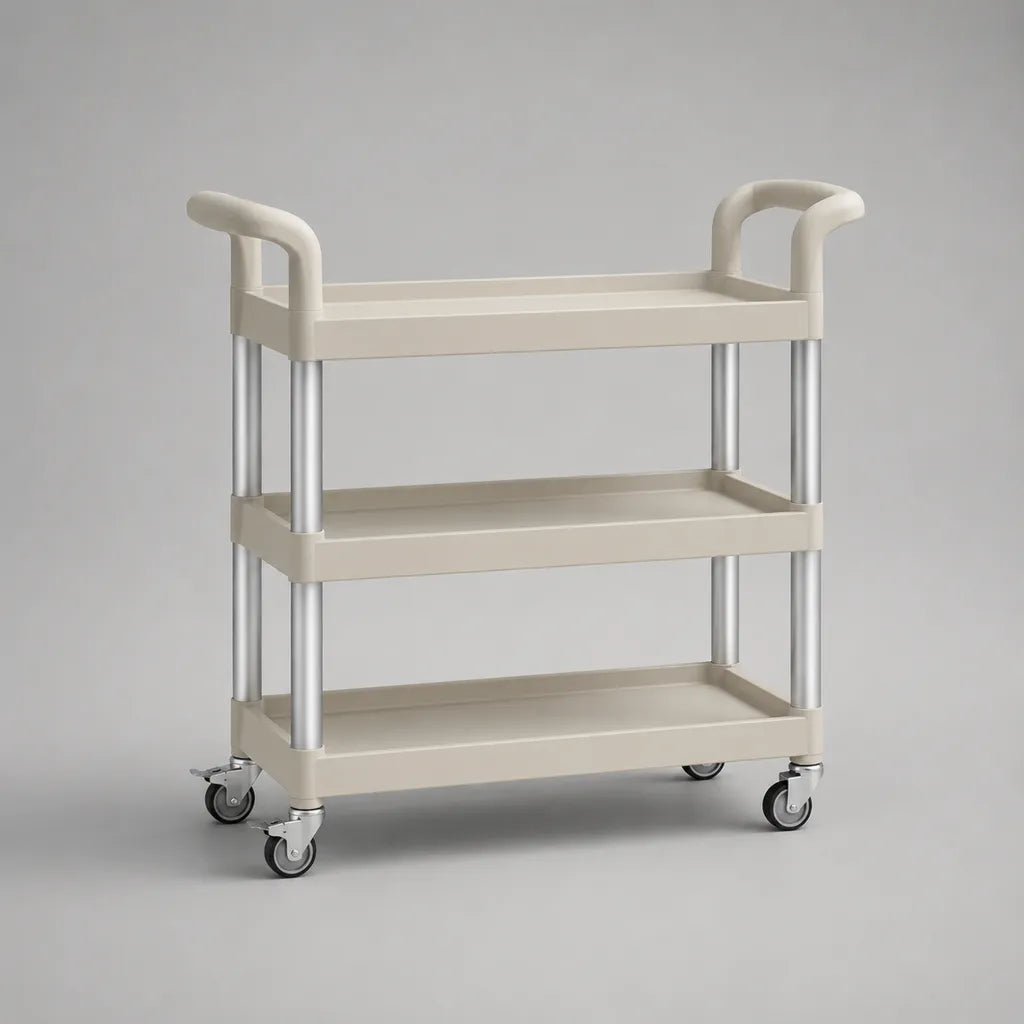 Küchenwagen Rollwagen mit 3 Ablagen aus Polypropylen und Aluminium, Beige, 60 × 40 × 90 cm