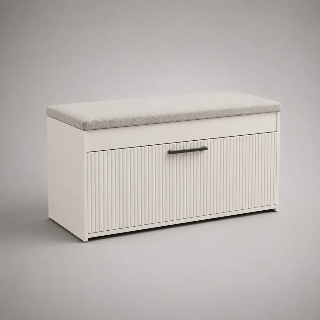 Schuhschrank mit Sitzbank und Klappfach aus Spanplatte und Polyestergewebe, Weiß/Hellgrau, 100 × 35 × 52 cm