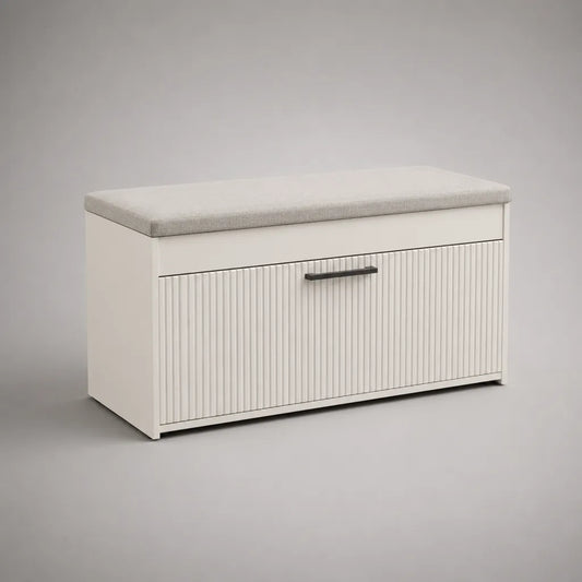 Schuhschrank mit Sitzbank und Klappfach aus Spanplatte und Polyestergewebe, Weiß/Hellgrau, 100 × 35 × 52 cm