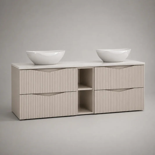 Bodenstehendes Waschtischunterschrank-Set aus MDF und Keramik mit 2 Aufsatzwaschbecken und 4 Schubladen, Greige/Weiß, 160 × 50 × 85 cm