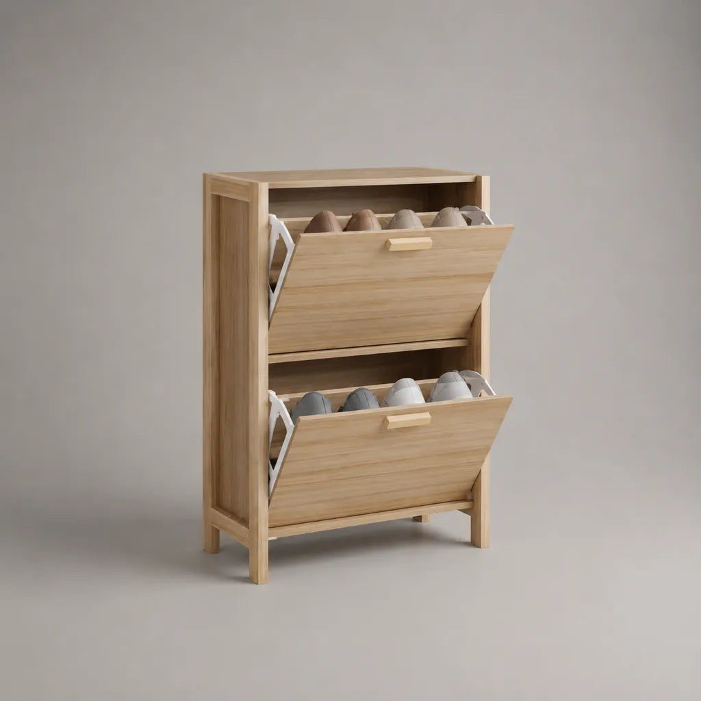 Schuhschrank aus Bambus-Massivholz mit 2 Kippfächern, Natur/Weiß, 70 × 30 × 105 cm