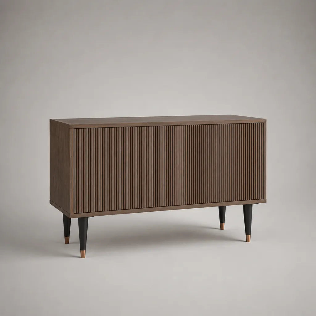 Sideboard aus MDF mit Walnussfurnier, 3 Türen, Walnussbraun/Schwarz/Kupferfarben, 140 × 40 × 80 cm