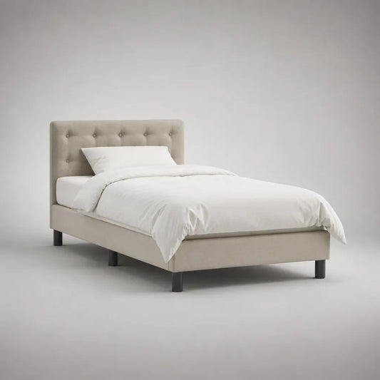 Polsterbett mit Knopfheftung, Stoffbezug und Lattenrost, Beige/Schwarz, 149 × 215 × 110 cm, Liegefläche 140 × 200 cm