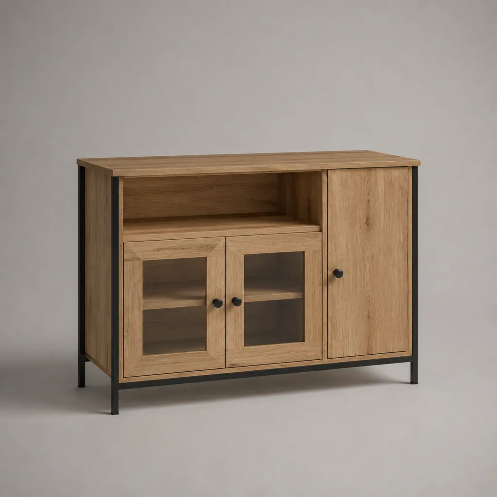 Sideboard mit 3 Türen und offenem Fach aus Holzwerkstoff, Stahl und Glas, Eichefarben/Schwarz, 120 × 40 × 90 cm