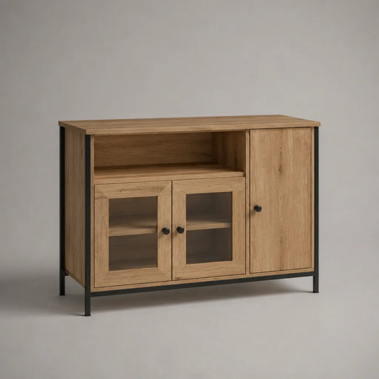 Sideboard mit 3 Türen und offenem Fach aus Holzwerkstoff, Stahl und Glas, Eichefarben/Schwarz, 120 × 40 × 90 cm