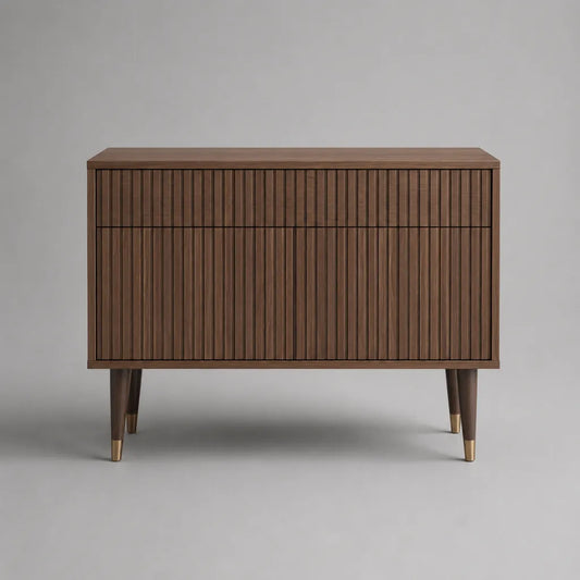 Sideboard aus MDF mit Walnussfurnier, 3 Türen, 3 Schubladen und Rillenfront, Walnussbraun und Messingfarben, 120 × 40 × 85 cm