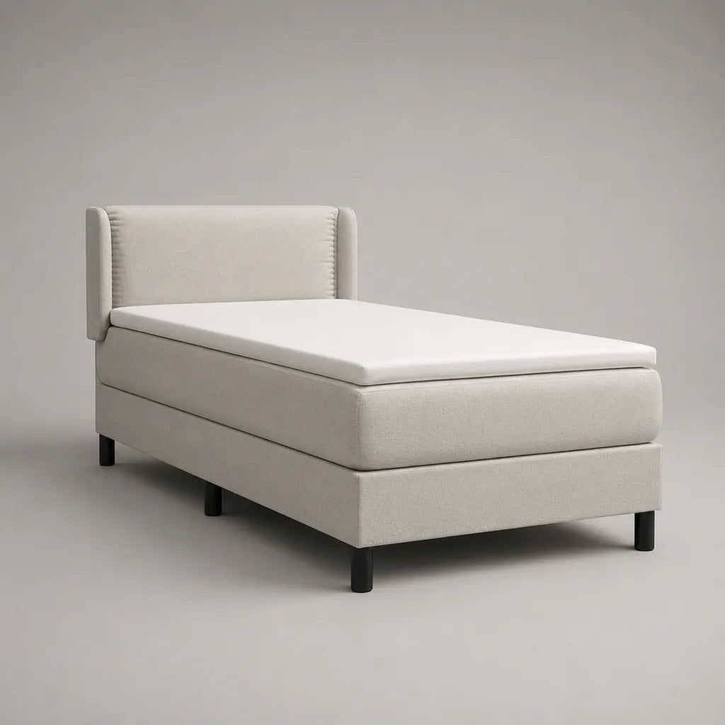 Boxspringbett 120 × 200 cm mit Matratze, Topper und Polyesterbezug, Creme und Schwarz, Gesamtmaß 132 × 218 × 110 cm