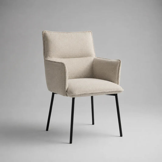 Gepolsterter Esszimmerstuhl mit Armlehnen, Polyesterbezug und Stahlgestell, Beige/Schwarz, 59 × 62 × 86 cm
