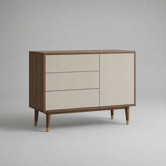 Sideboard mit 3 Schubladen und 1 Tür, MDF mit Walnussfurnier, Walnussbraun und Beige, 120 × 40 × 85 cm