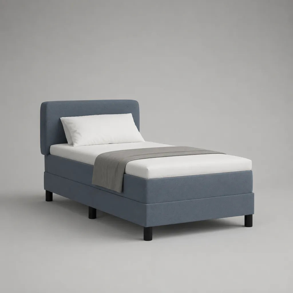 Polsterbett Einzelbett mit Kaltschaummatratze und Lattenrost, Polyesterbezug, Blaugrau, 90 x 200 cm