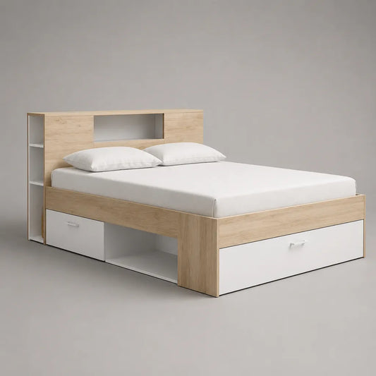 Stauraumbett 160 x 200 cm aus melaminbeschichteter Spanplatte, Eichefarben und Weiß, mit Regal-Kopfteil und 2 Schubladen, Gesamtmaß 224 x 166 x 120 cm