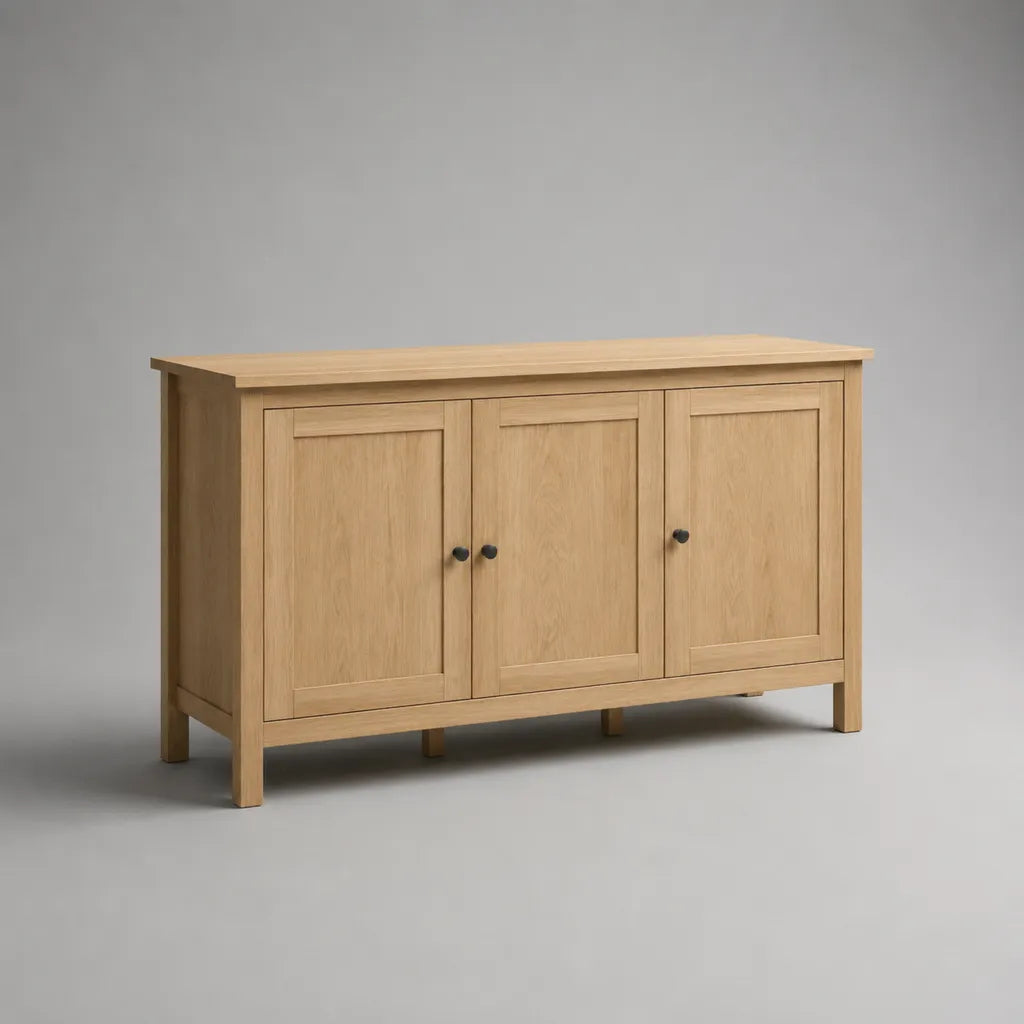 Sideboard mit 3 Türen aus Eichenmassivholz und MDF mit Eichenfurnier, Natur und Schwarz, 140 × 40 × 85 cm